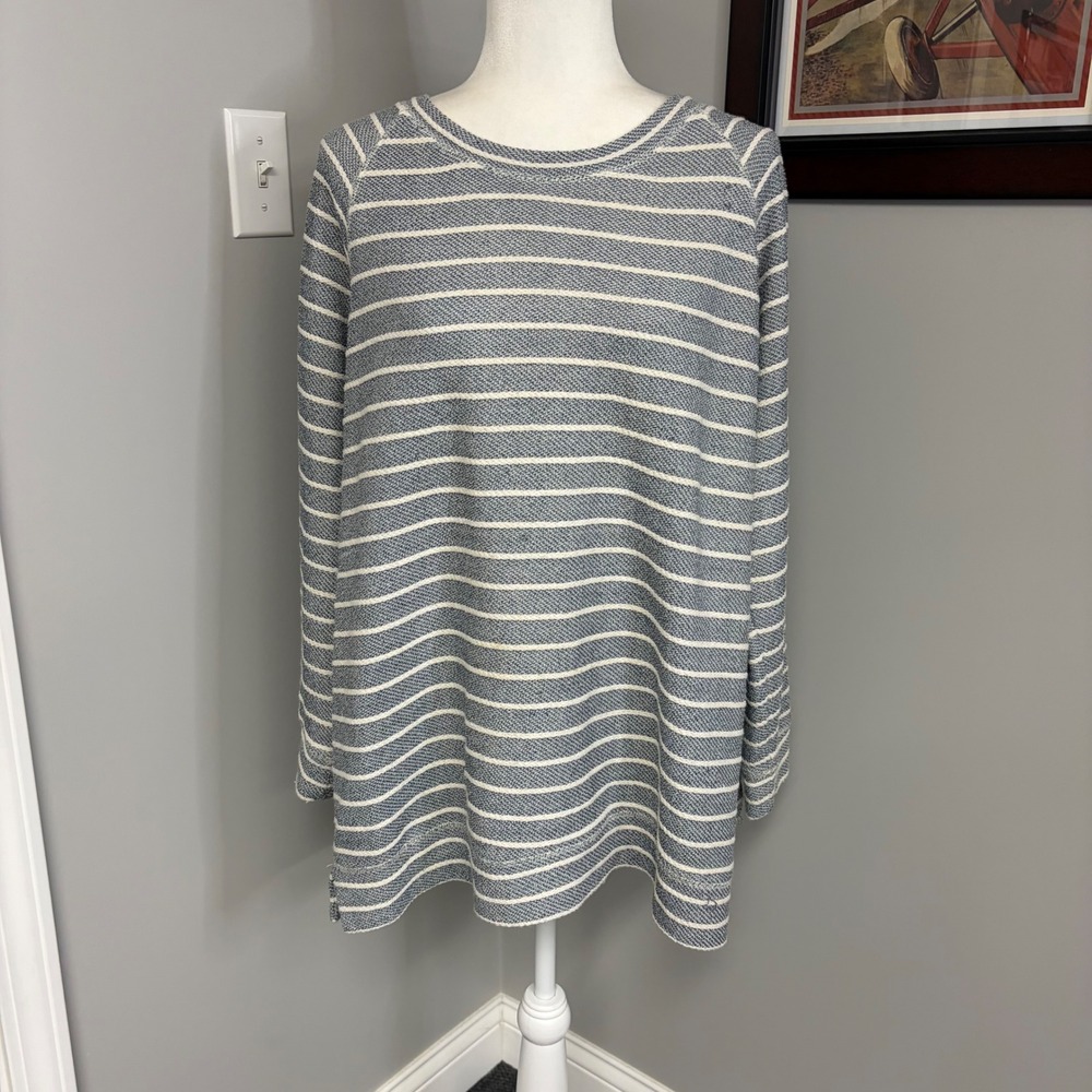 Per Se Blue White Striped Raglan Long Sleeve Pullover Knit Top Large
